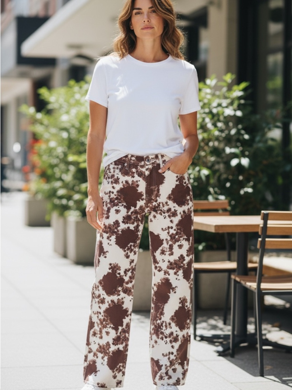 Reformation Val 90s Mud Rise Cowhide Brown and White Straight Leg Jeans